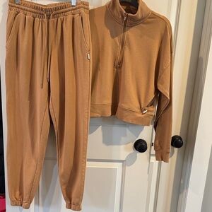 Fabletics Tan Cropped Quarter-Zip Sweatshirt & Joggers Set